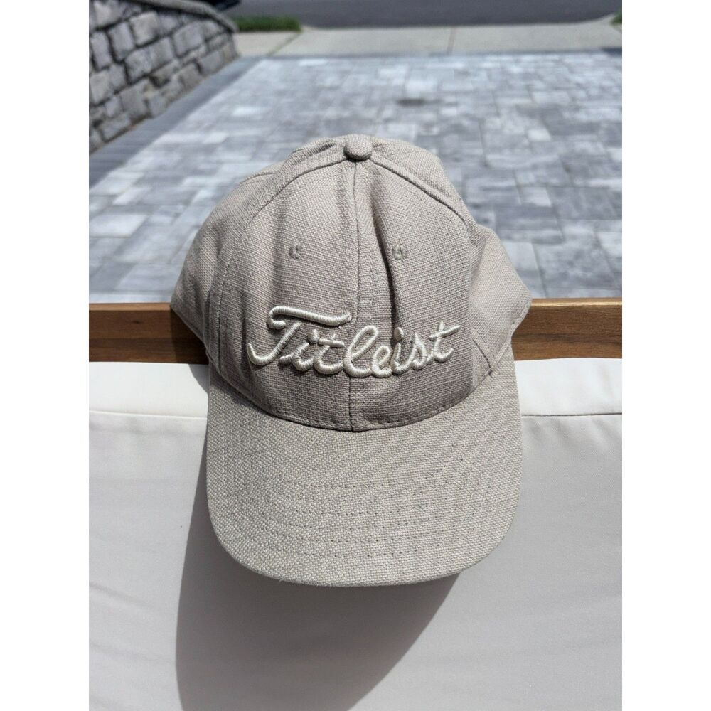 Titleist Beige Linen Script Logo Leather Strapback Golf Hat